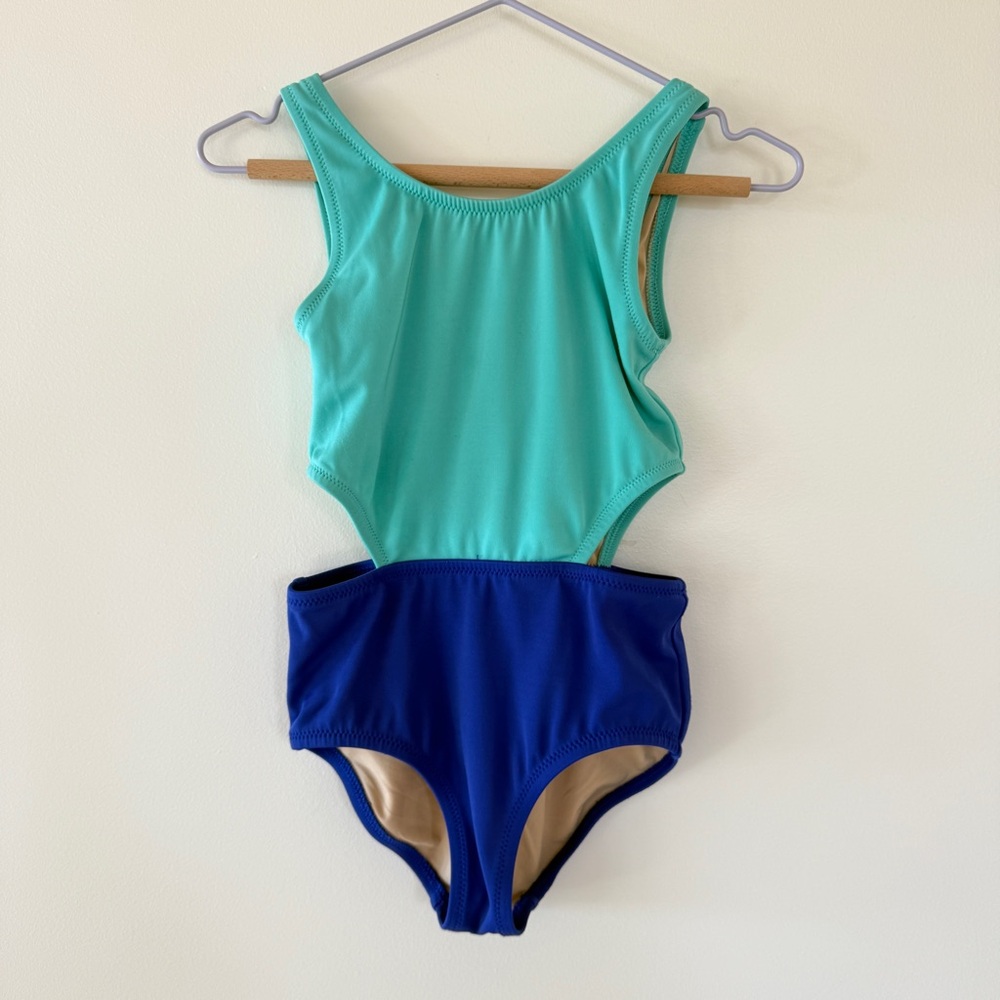 J.Crew Crewcuts Colorblock Cutout One-Piece Swimsuit Turquoise Blue | Girls 3 - Picture 2 of 8